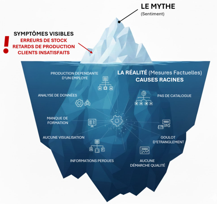 Une illustration de l'iceberg où seule la pointe (les symptômes : "erreurs de stock") est visible, et l'immense base immergée (la cause racine : "processus de mise à jour défaillant") est montrée. Illustre la transition du sentiment à la mesure factuelle.